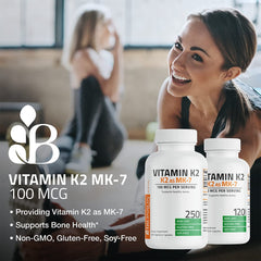 Bronson Vitamin K2 MK-7 label closeup showing non-GMO, gluten-free, soy-free qualities.
