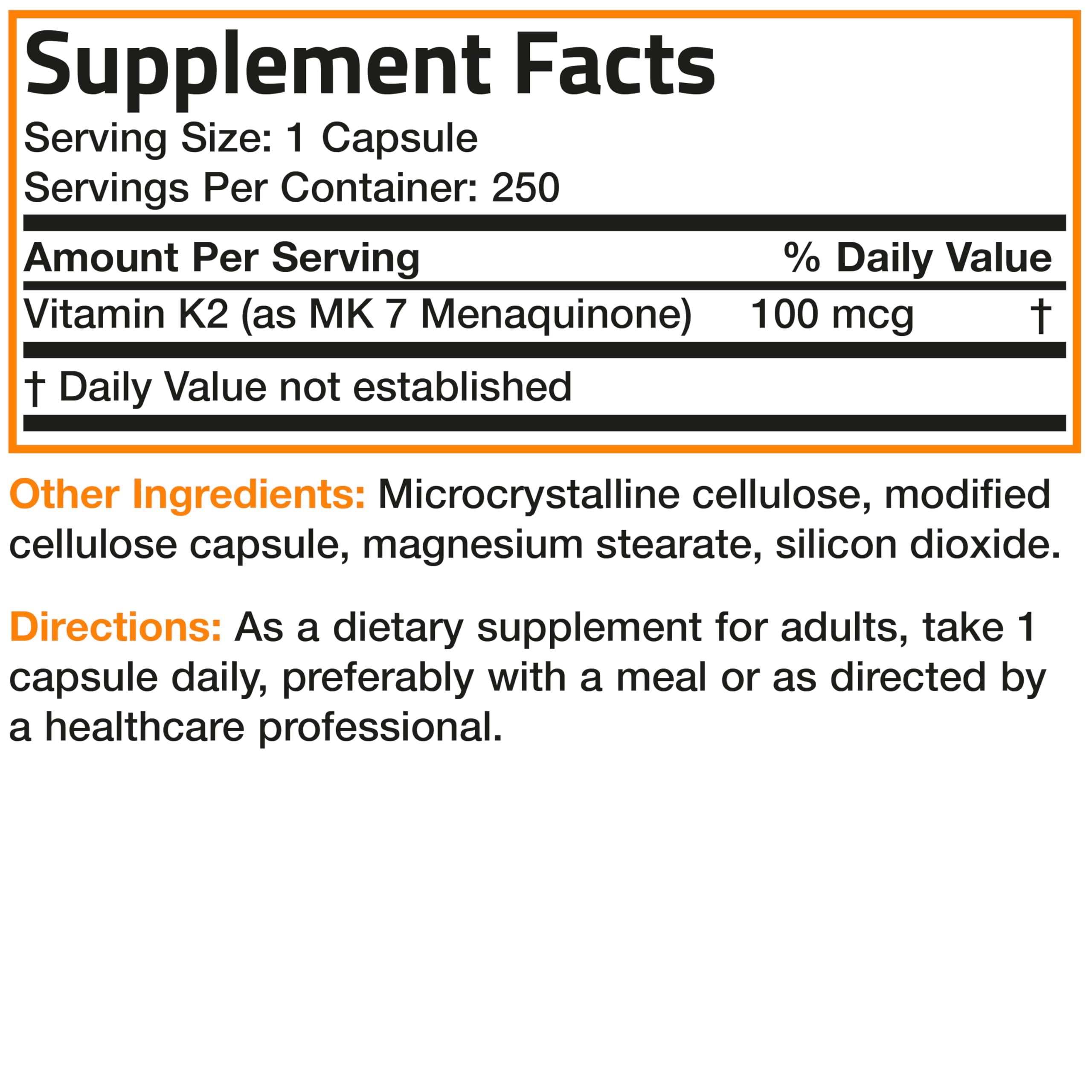 Bronson Vitamin K2 MK-7 nutrition facts panel highlights GMO-free formula.