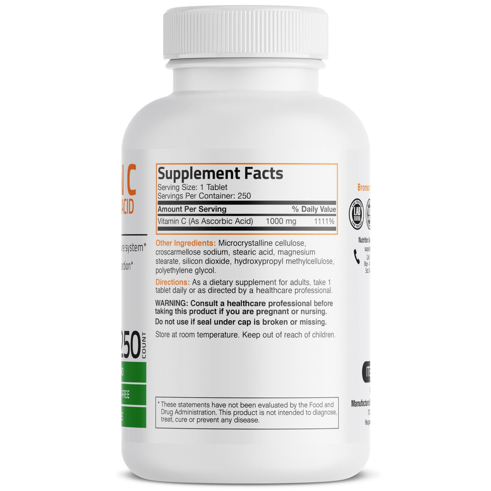 Tabletas Bronson Vitamina C 1000 mg dentro de la botella para consumo cómodo.