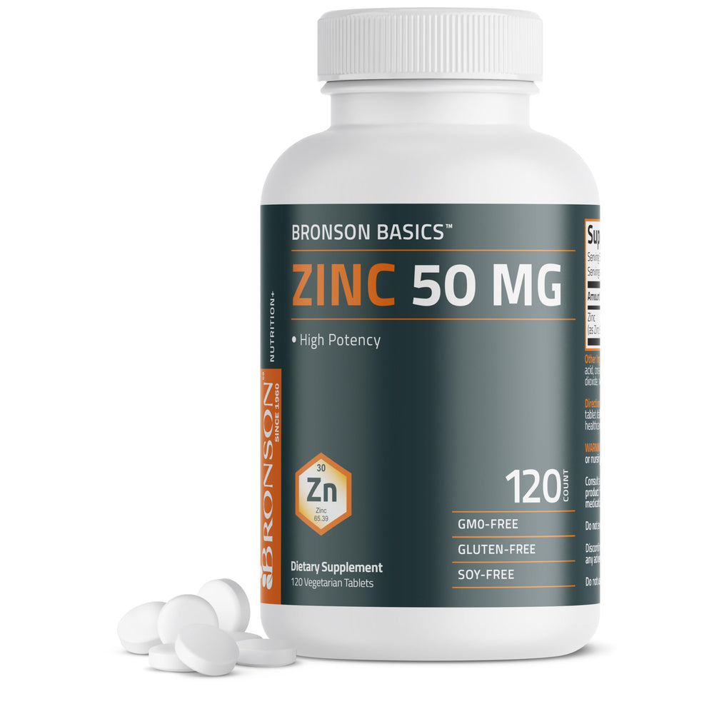 Bronson Zinc 50 mg bottle front highlights high potency for daily wellness.