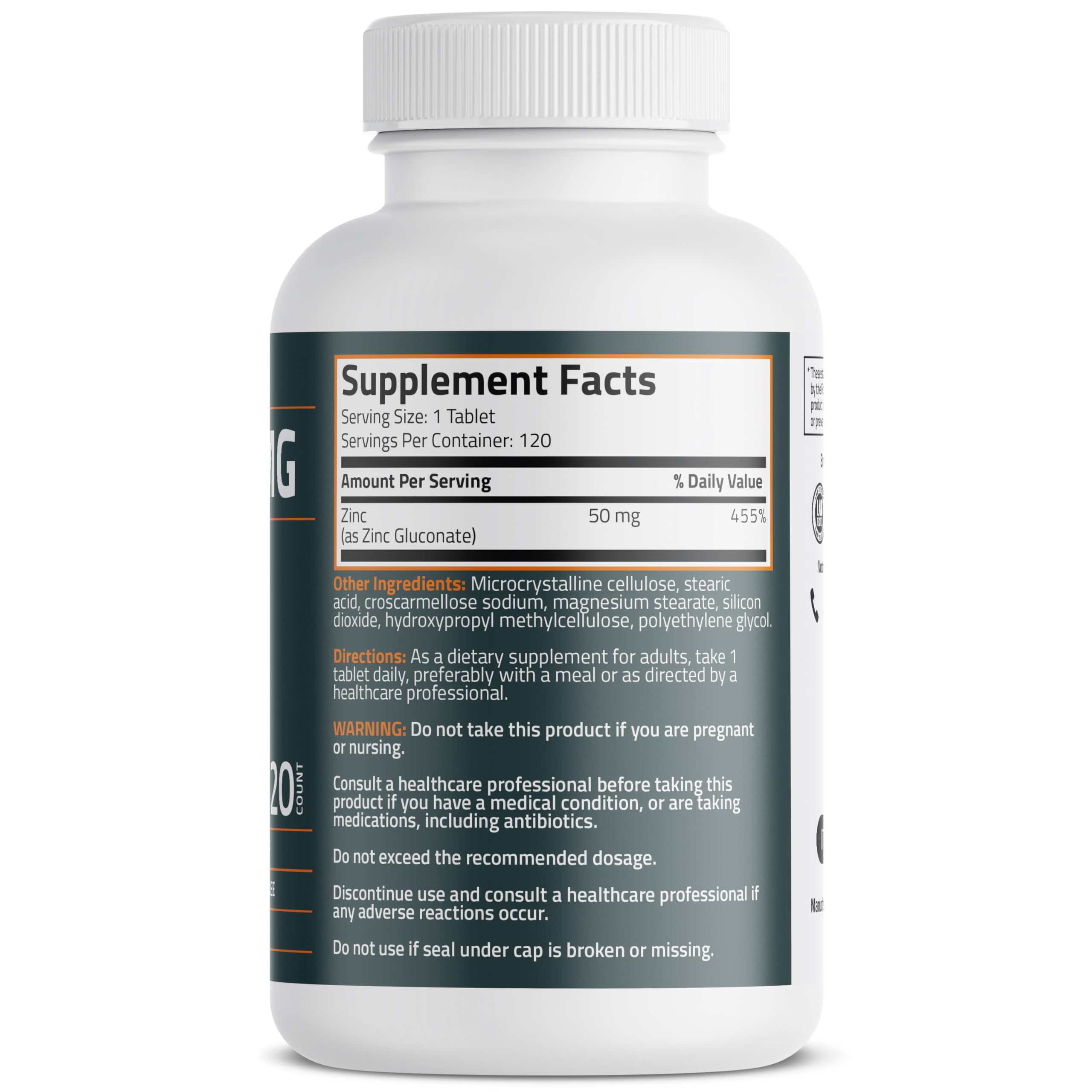 Bronson Zinc bottle label closeup emphasizes non-GMO and gluten-free formulation highlighted.
