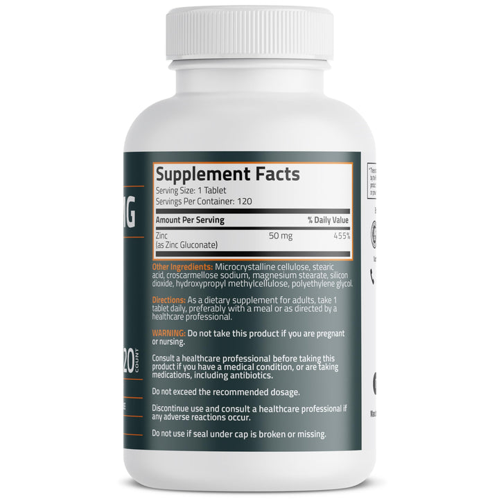 Bronson Zinc bottle label closeup emphasizes non-GMO and gluten-free formulation highlighted.