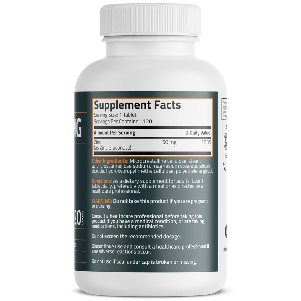 Bronson Zinc bottle label closeup emphasizes non-GMO and gluten-free formulation highlighted.