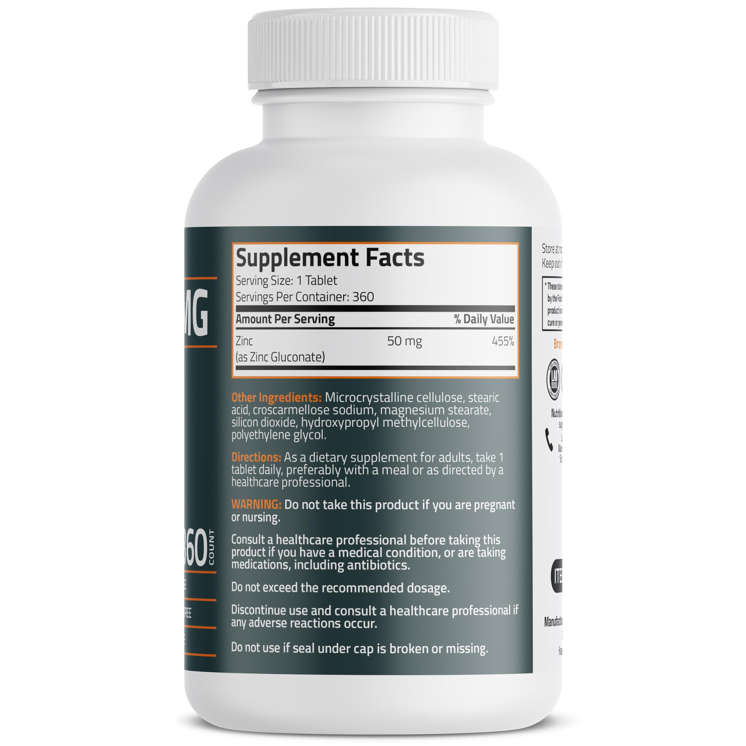 Bronson Zinc 50 mg bottle packaging emphasizes non-GMO and allergen-free formula