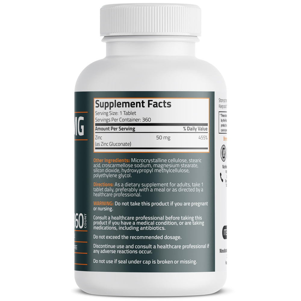 Bronson Zinc 50 mg bottle packaging emphasizes non-GMO and allergen-free formula