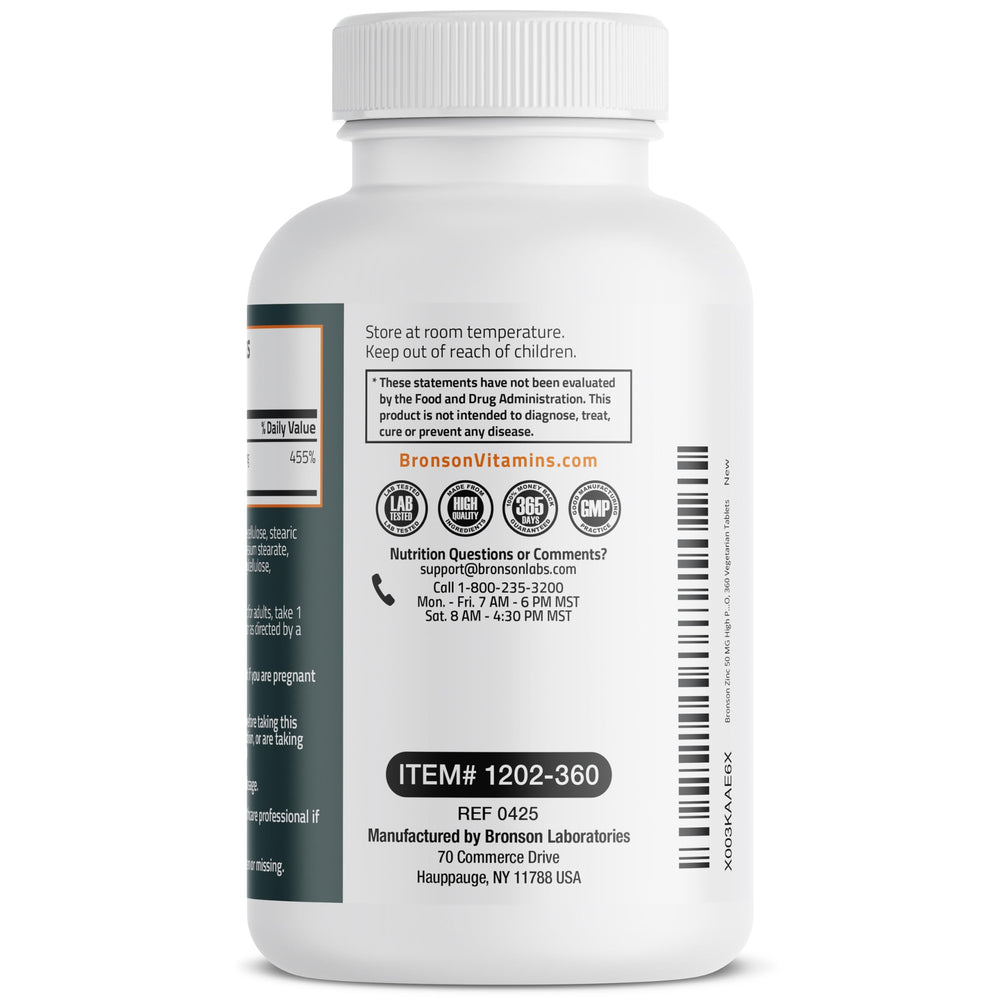 Bronson Zinc 50 mg ingredients list confirms non-GMO and allergen-free formula