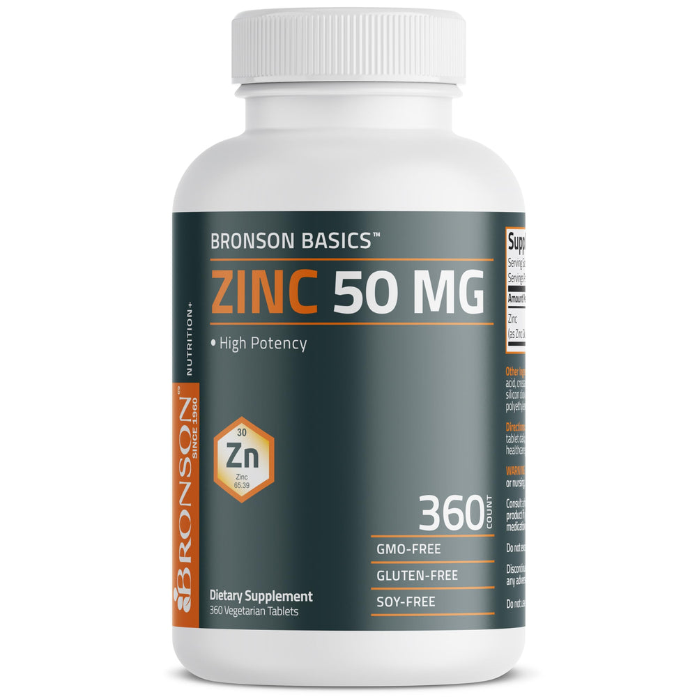 Bronson Zinc 50 mg label detail highlights 360-tablet year-long supply