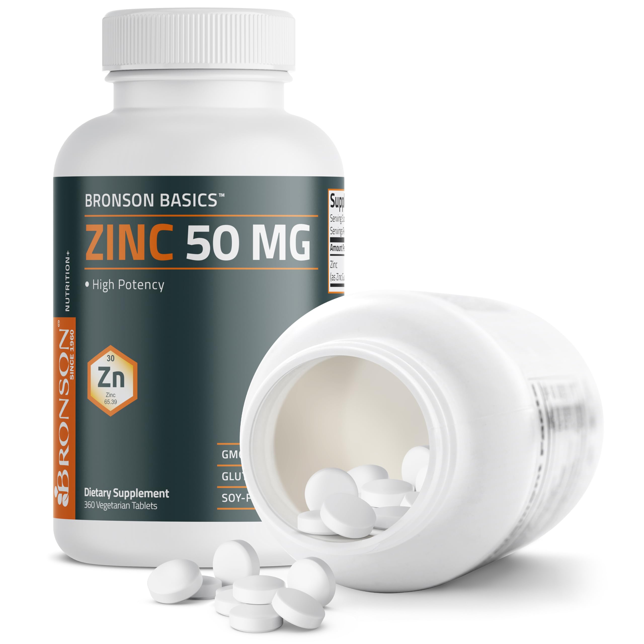 Bronson Zinc 50 mg supplement facts panel with nutrition details