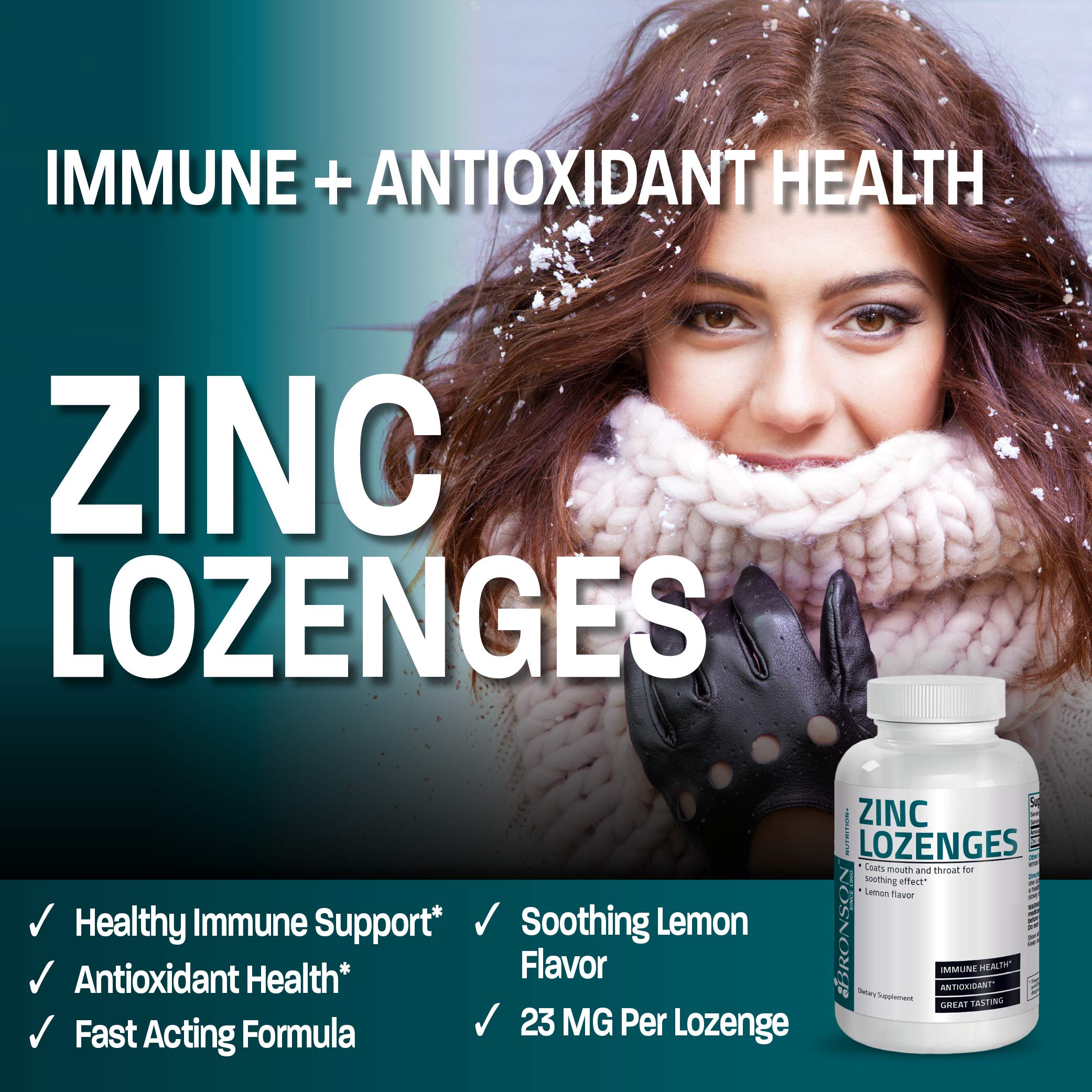 Bronson Zinc Lozenges Lemon bottle close-up highlighting vegan-friendly formula.