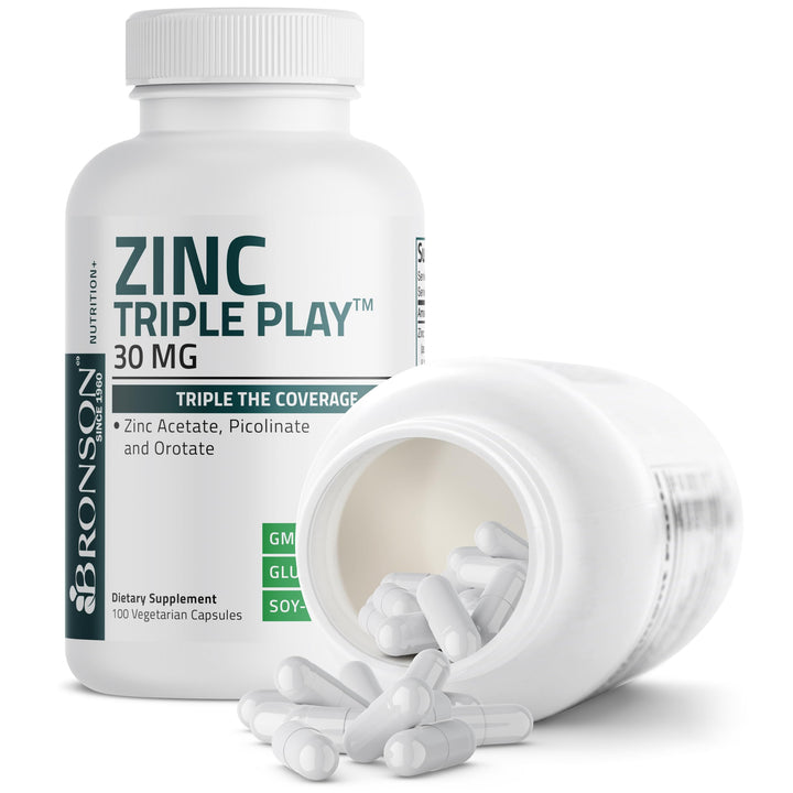 Bronson Zinc Triple Play bottle on a white surface for a clean supplement presentation.