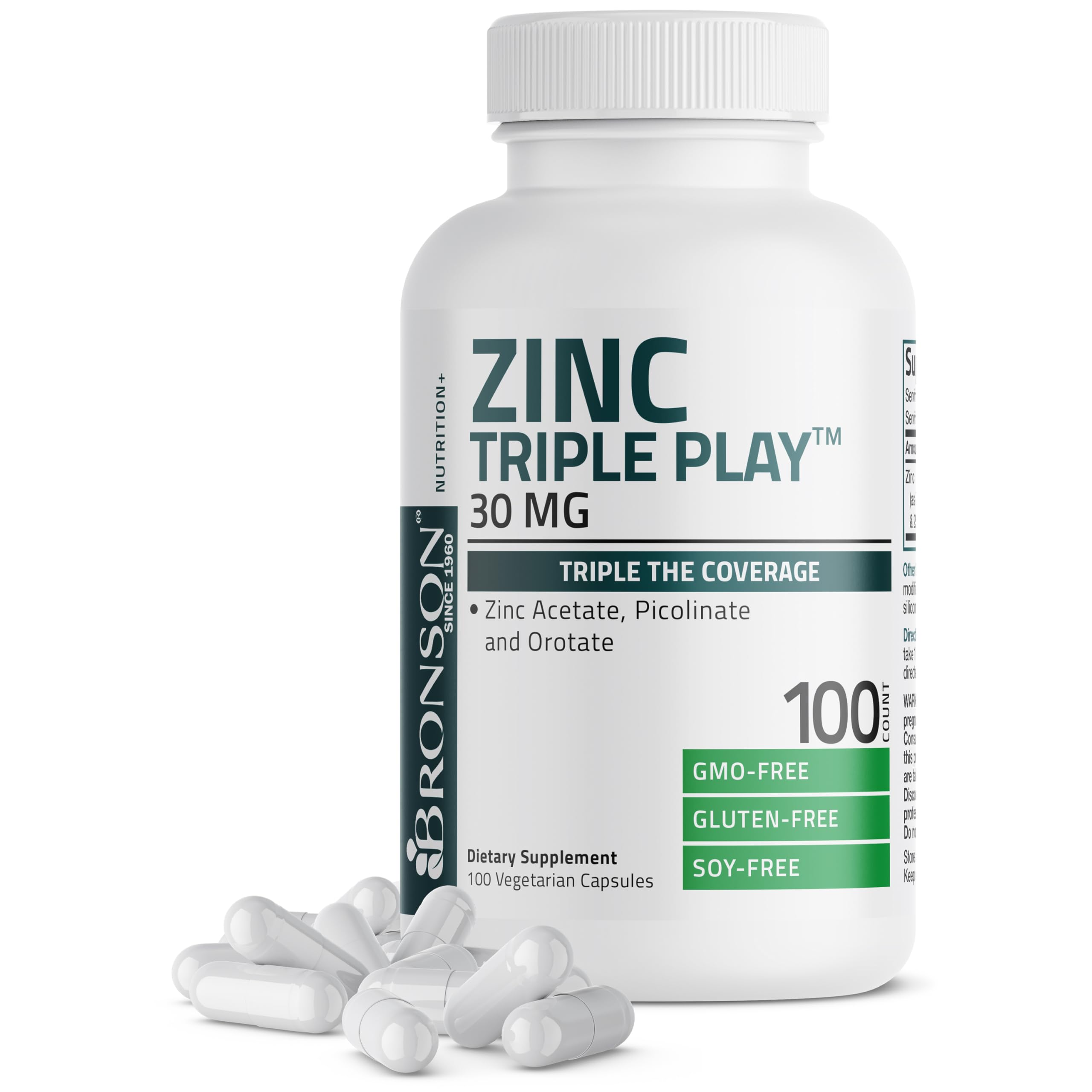 Bronson Zinc Triple Play bottle with capsules for daily immune support.
