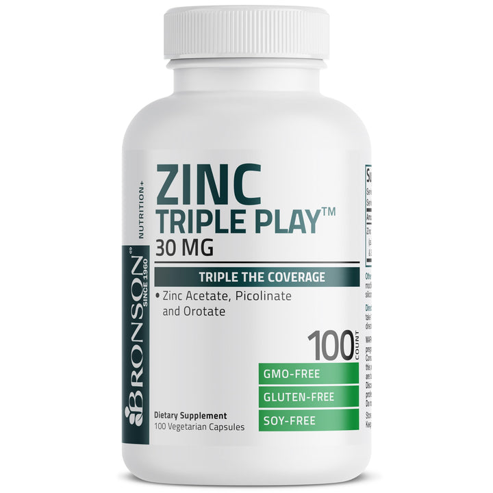 Bronson Zinc Triple Play capsule closeup emphasizes smooth coating and easy swallowing.