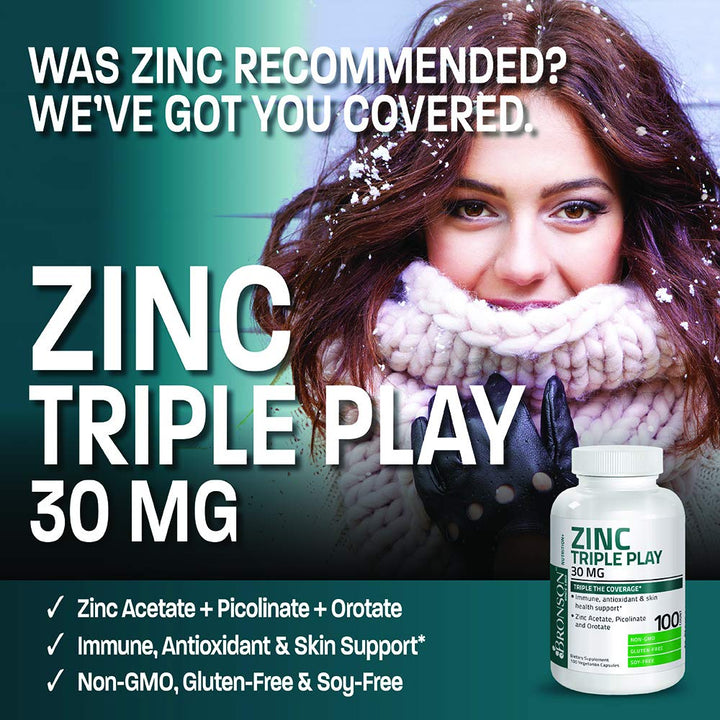Bronson Zinc Triple Play label closeup highlights zinc acetate, picolinate, and orotate.