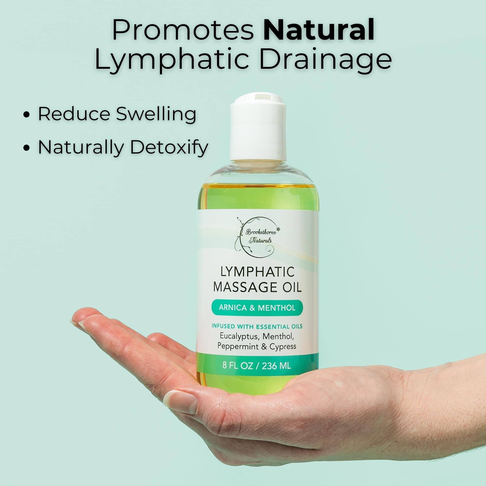 Brookethorne Naturals cooling-relief massage oil delivers refreshing post-session sensation.