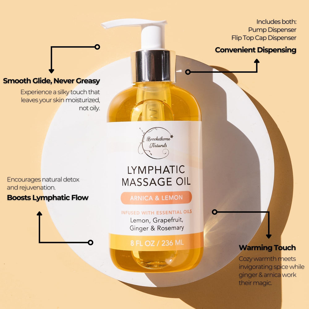 Brookethorne Naturals lymphatic oil arnica-ginger blend highlights soothing, nourishing ingredients for massage.