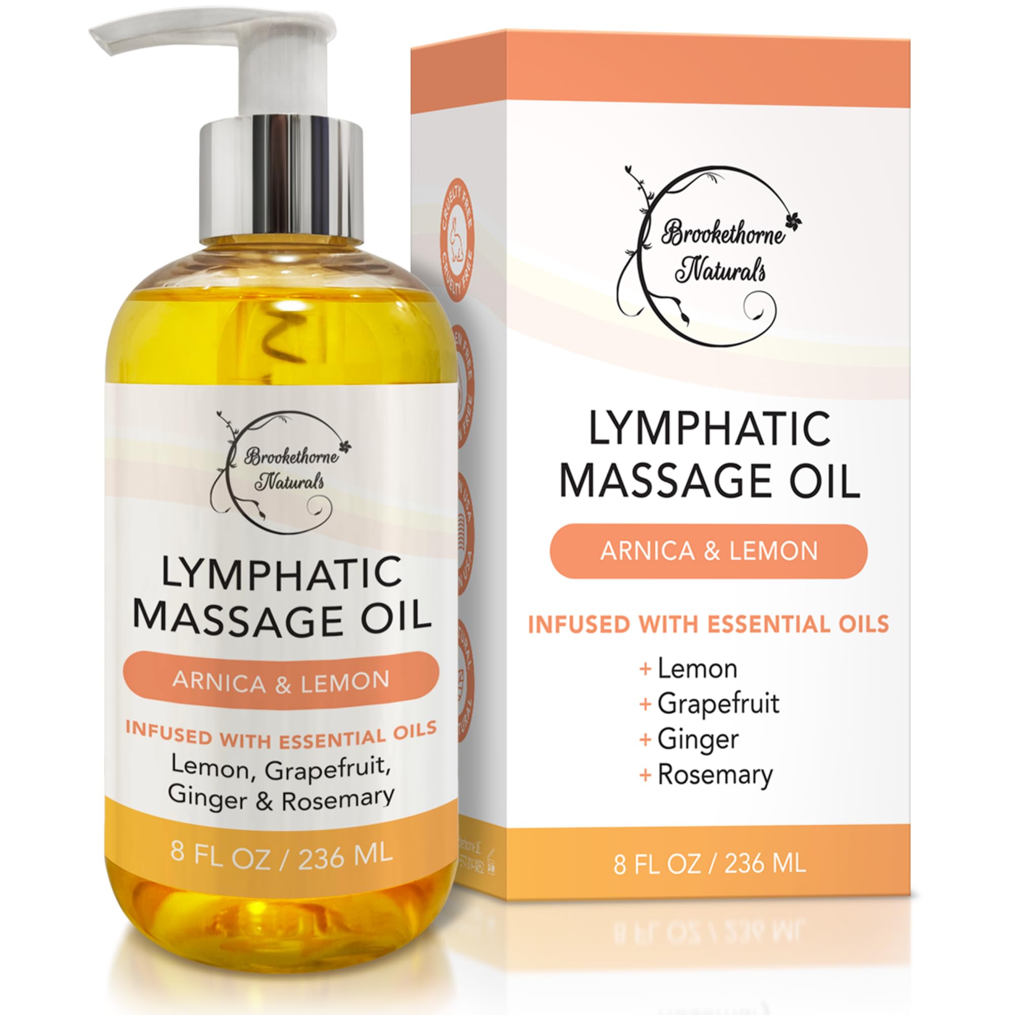 Brookethorne Naturals lymphatic oil bottle pour for easy, targeted drainage during massage.