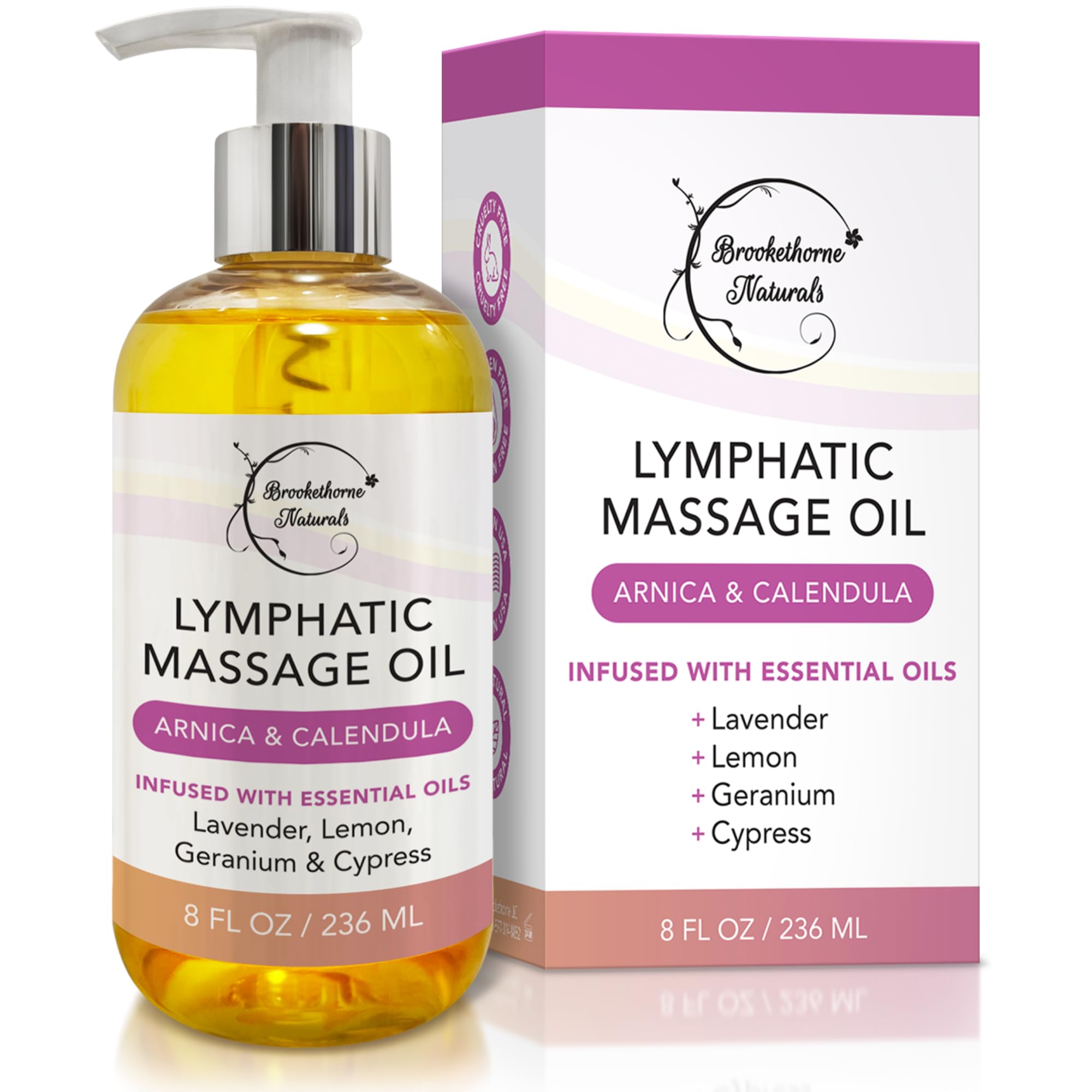 Brookethorne Naturals Lymphatic Massage Oil bottle shows silky glide for gentle lymphatic massage.