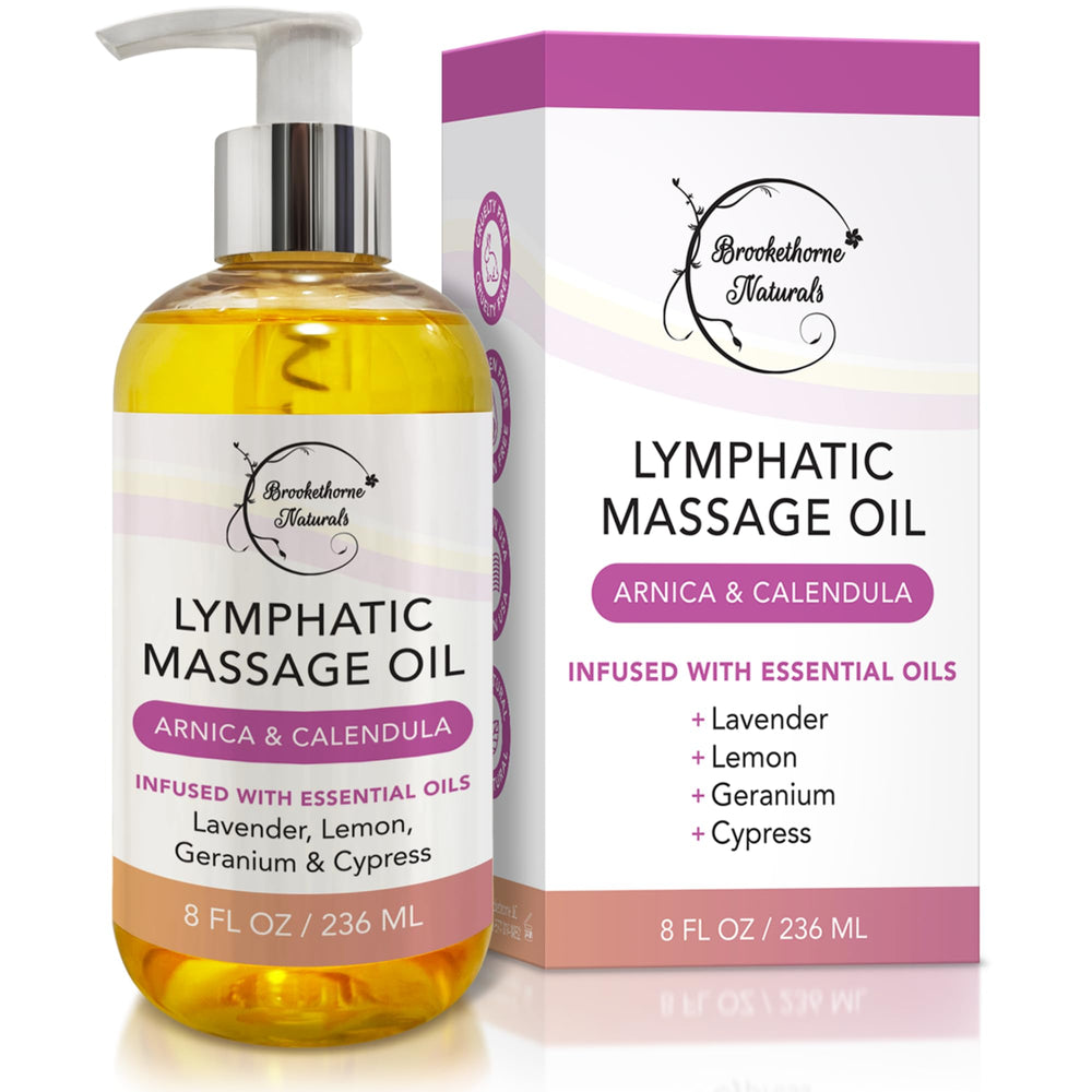 Brookethorne Naturals Lymphatic Massage Oil bottle shows silky glide for gentle lymphatic massage.