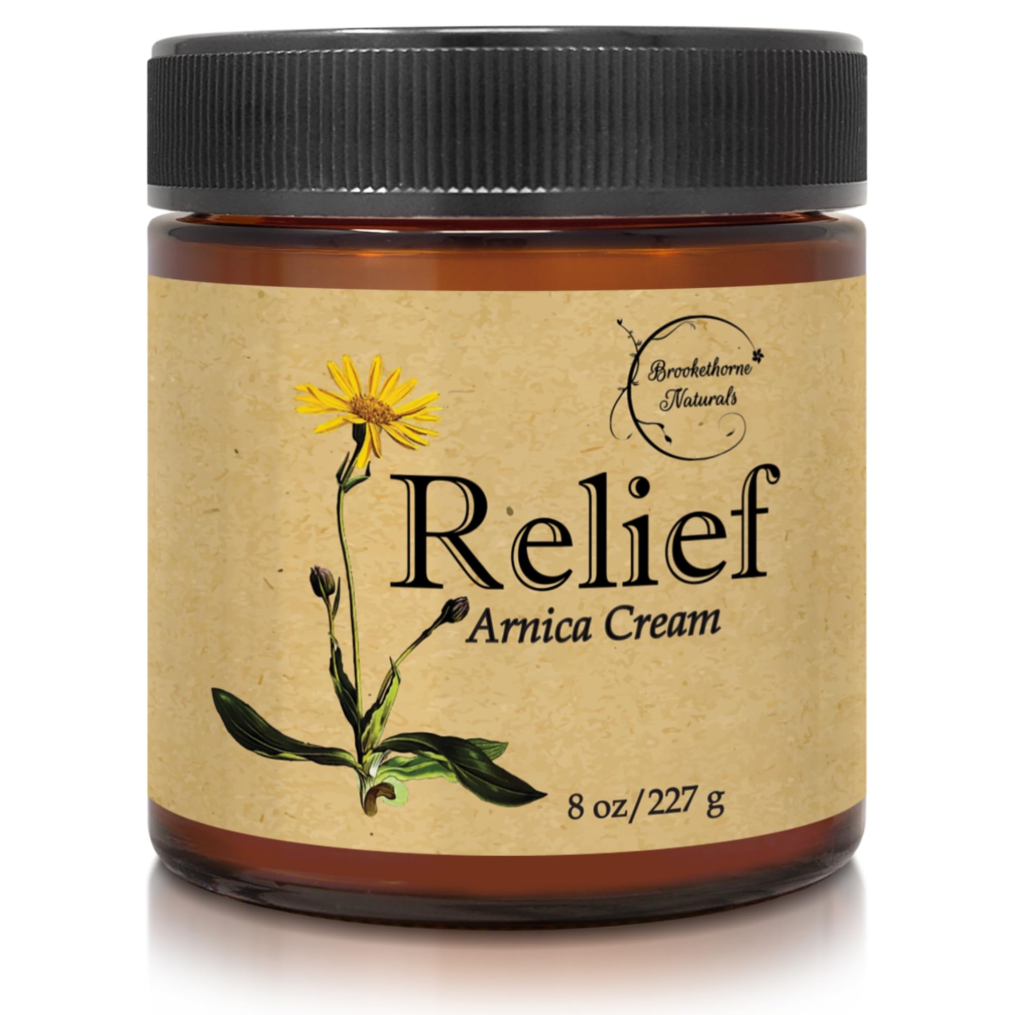 Brookethorne Relief Arnica Cream bottle for soothing, all-natural muscle relief during massage.