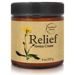Brookethorne Relief Arnica Cream bottle for soothing, all-natural muscle relief during massage.