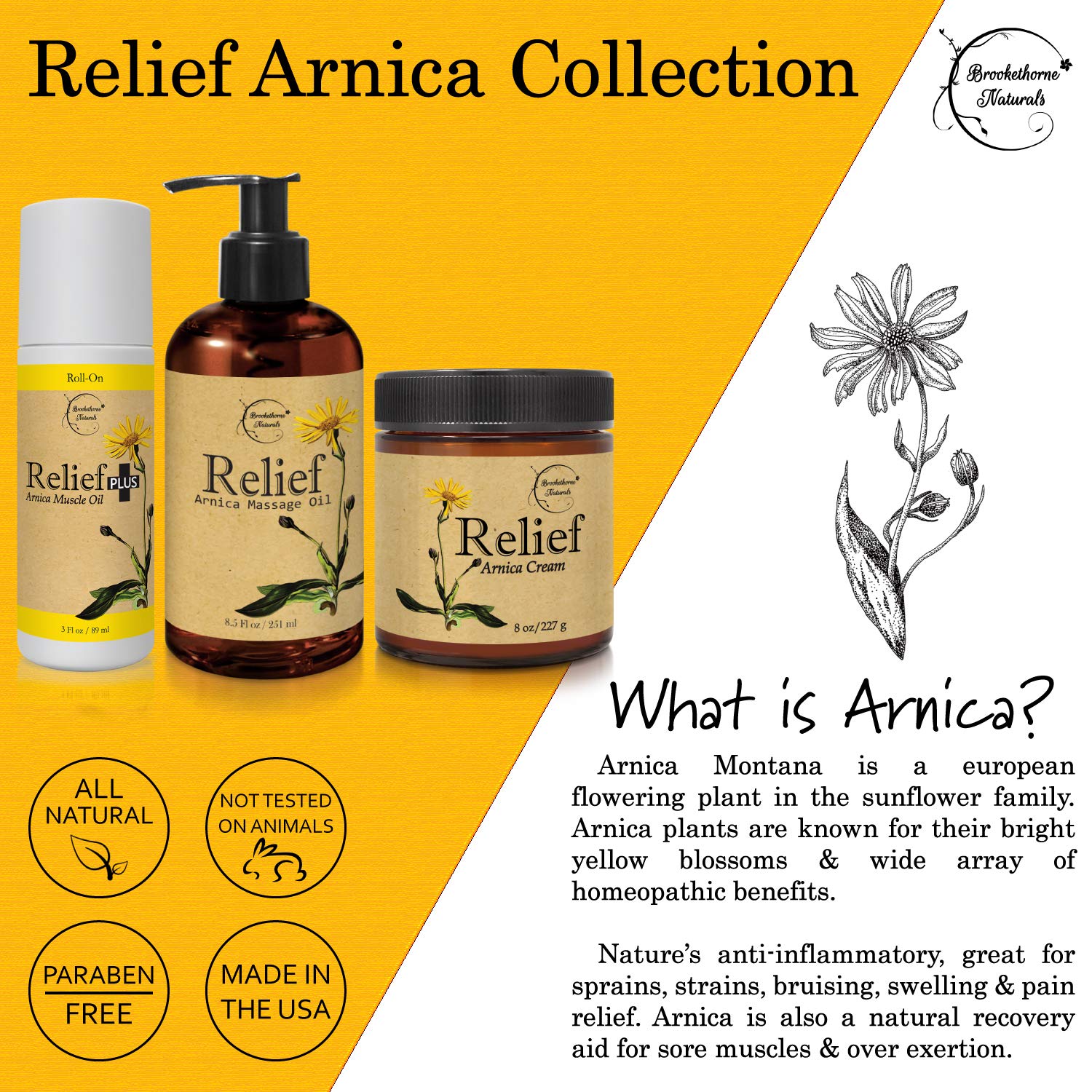 Brookethorne Relief Arnica Cream offers skin hydration with natural botanicals.