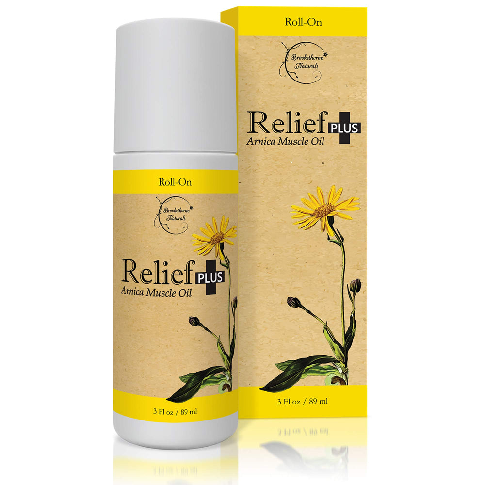 Brookethorne Naturals Relief Plus Roll-On bottle for targeted, non-greasy muscle relief.