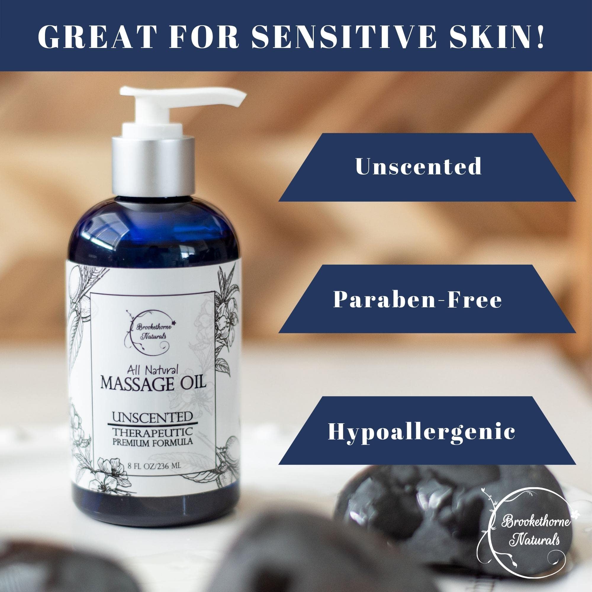 Brookethorne Unscented Massage Oil ingredients close-up with almond, grapeseed, jojoba oils