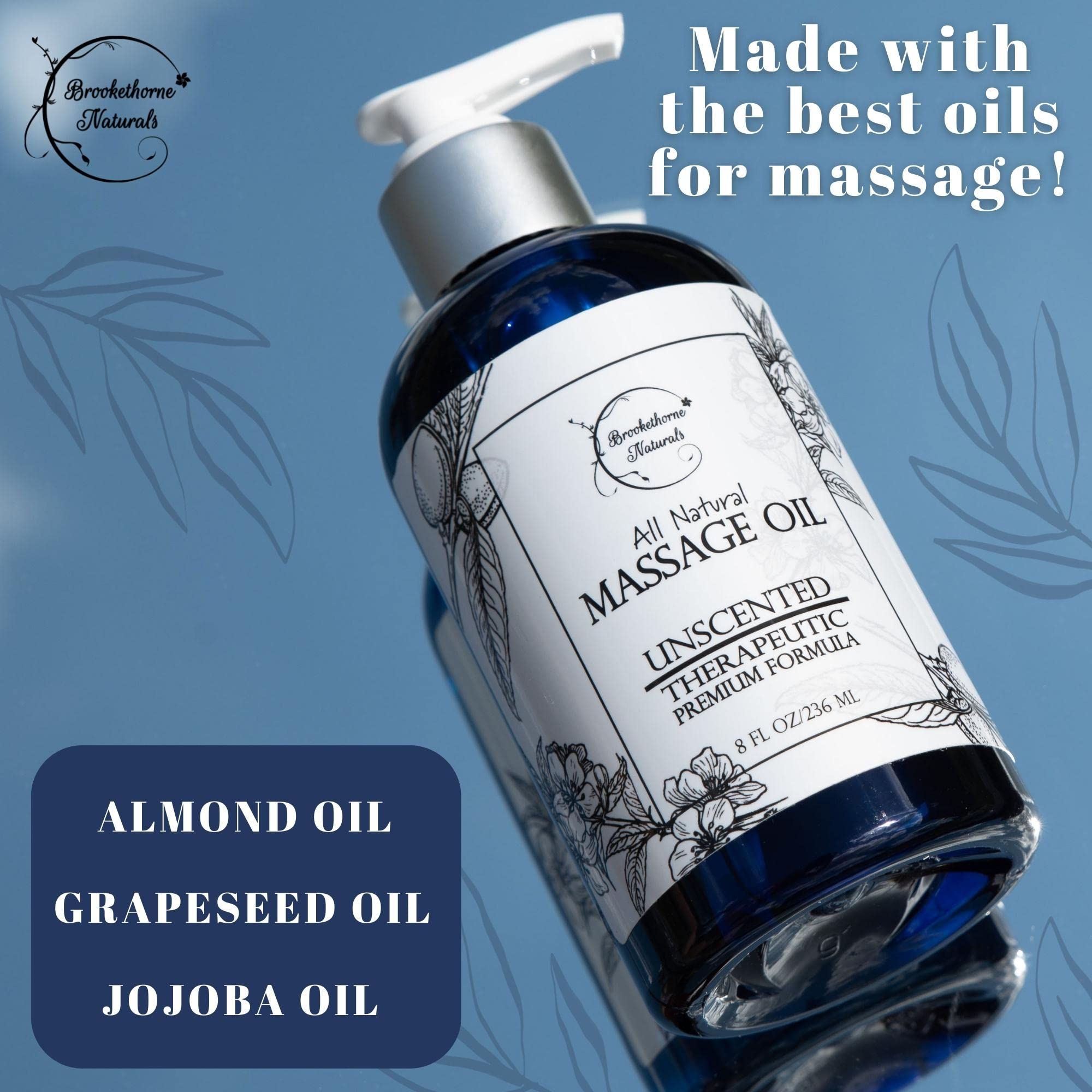 Brookethorne Unscented Massage Oil label highlighting USA-made, paraben-free features