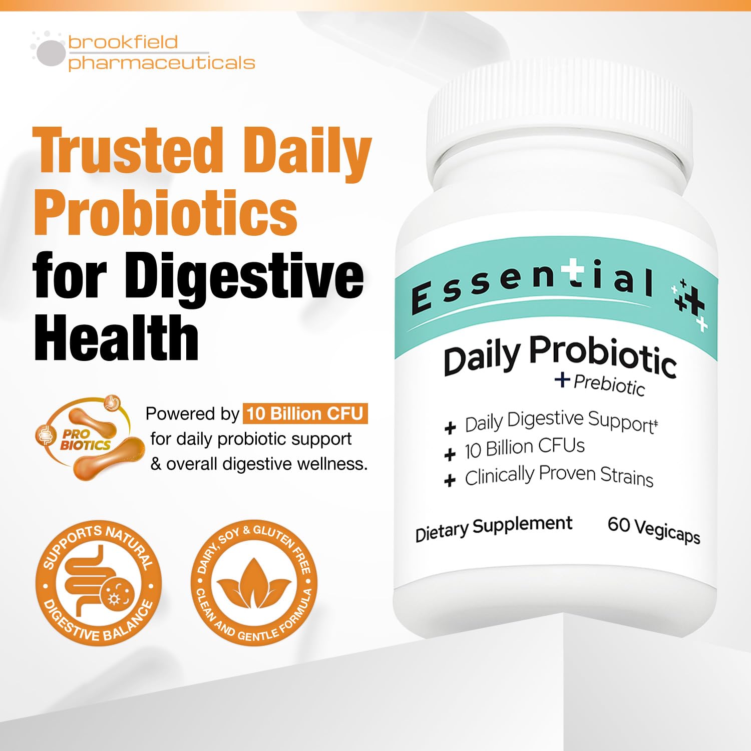 Brookfield Essential Probiotic 10 Billion CFU capsules close-up highlighting gut delivery.