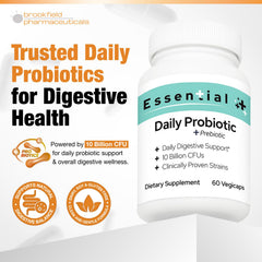 Brookfield Essential Probiotic 10 Billion CFU capsules close-up highlighting gut delivery.