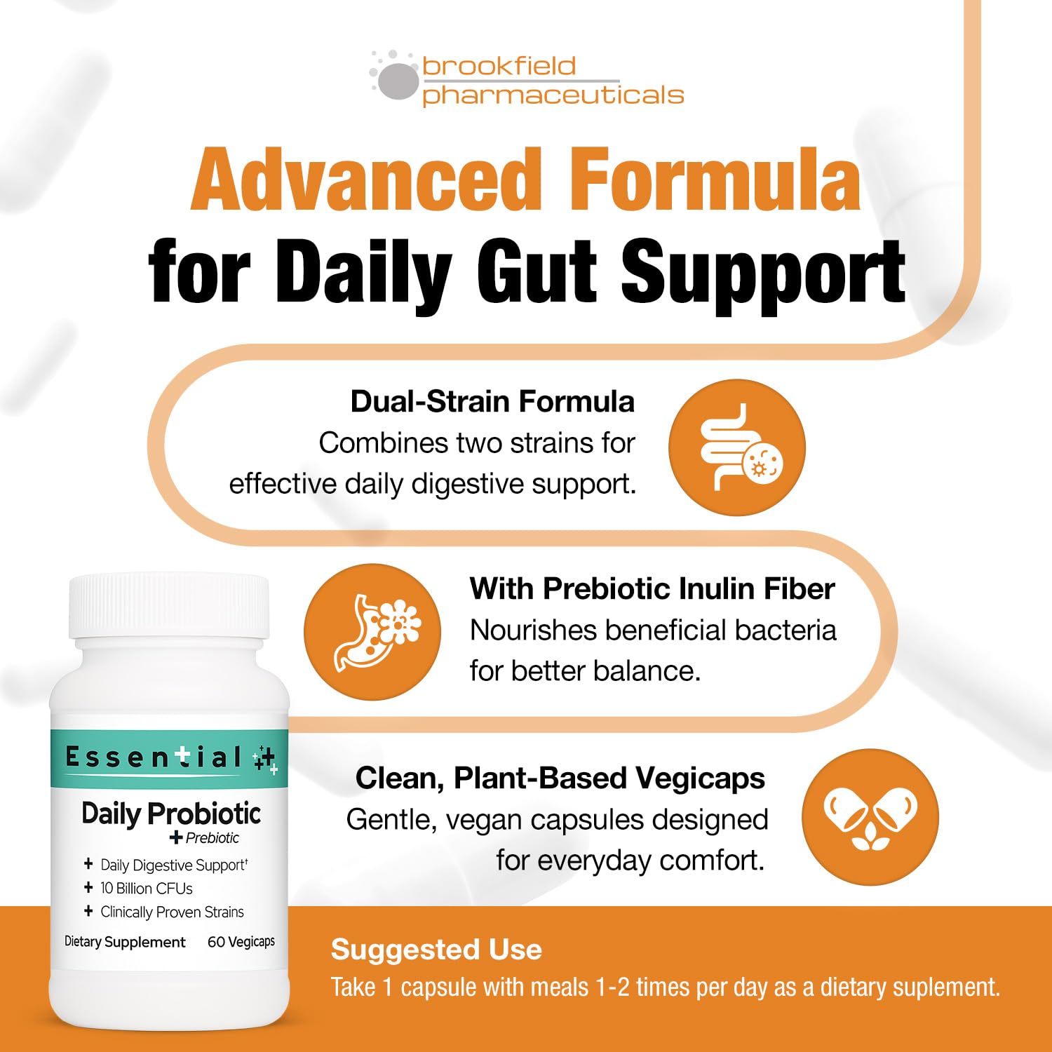 Brookfield Essential Probiotic 60-vegicaps packaging for convenient daily use.
