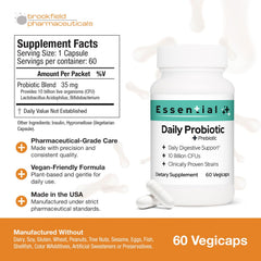 Brookfield Essential Probiotic label shows dairy-free, gluten-free, vegan formula.