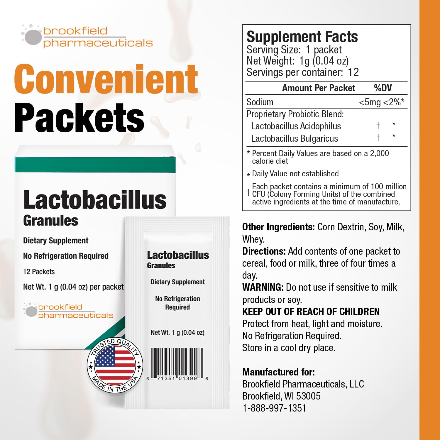 Brookfield Probiotics room-temperature packets stay fresh without fridge.