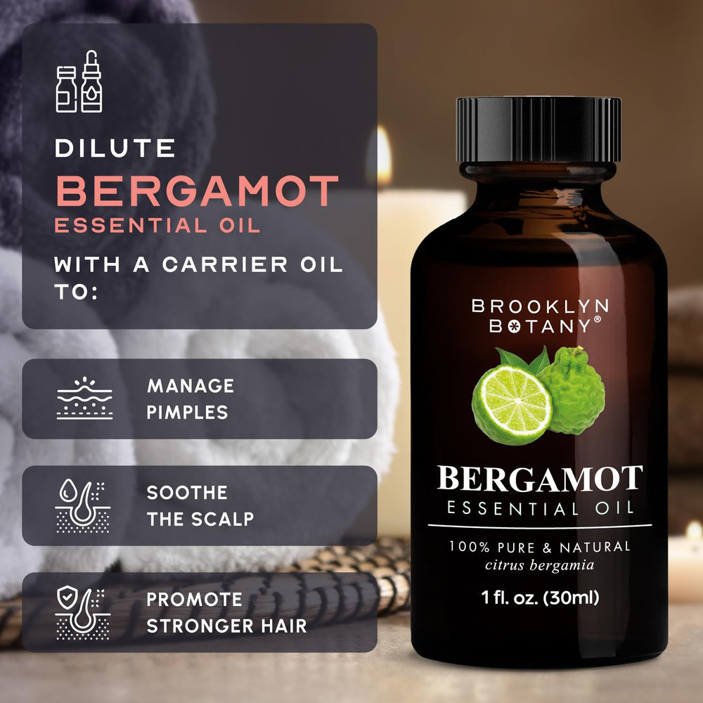 Brooklyn Botany bergamot essential oil 1 oz bottle for easy storage and use.