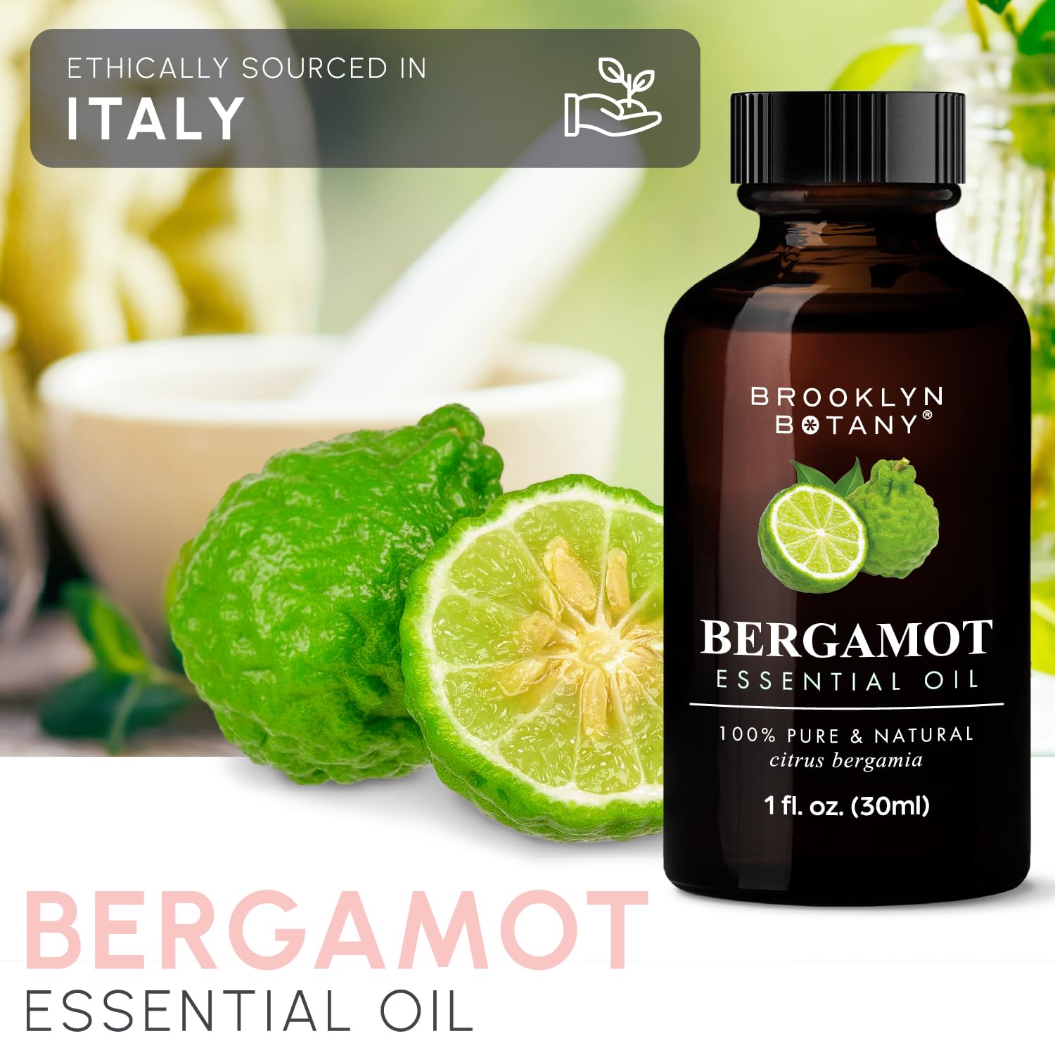 Brooklyn Botany bergamot essential oil bottles bottled in the USA for quality.