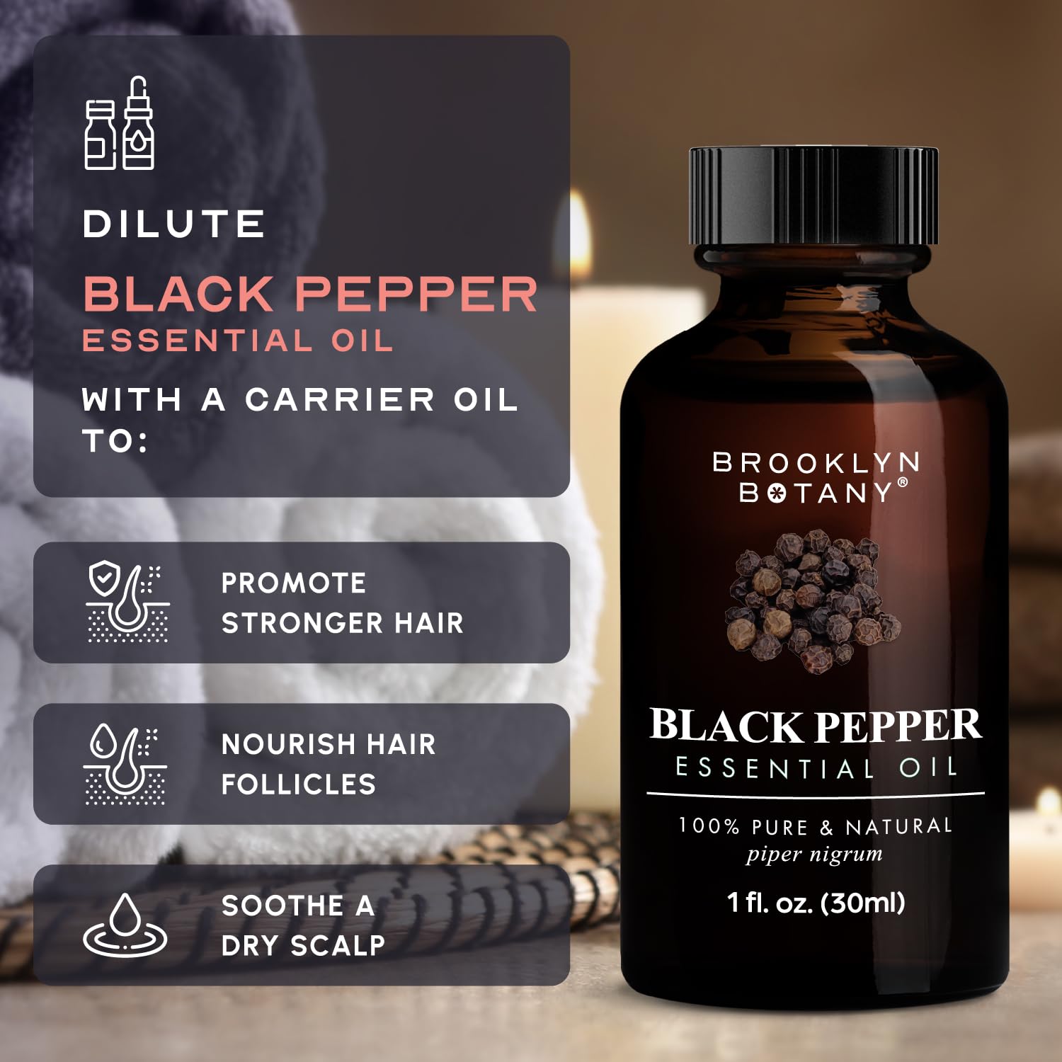 Brooklyn Botany Black Pepper Oil packaging highlights premium bottle and dropper included
