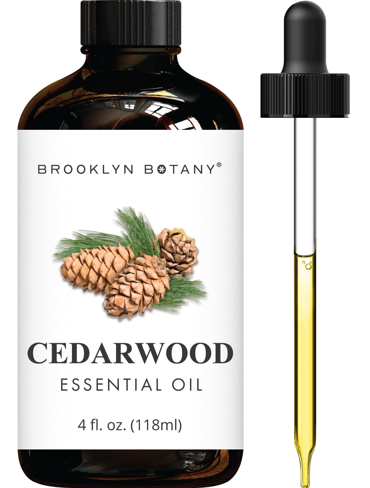 Brooklyn Botany Cedarwood essential oil bottle with dropper for precise aromatherapy.