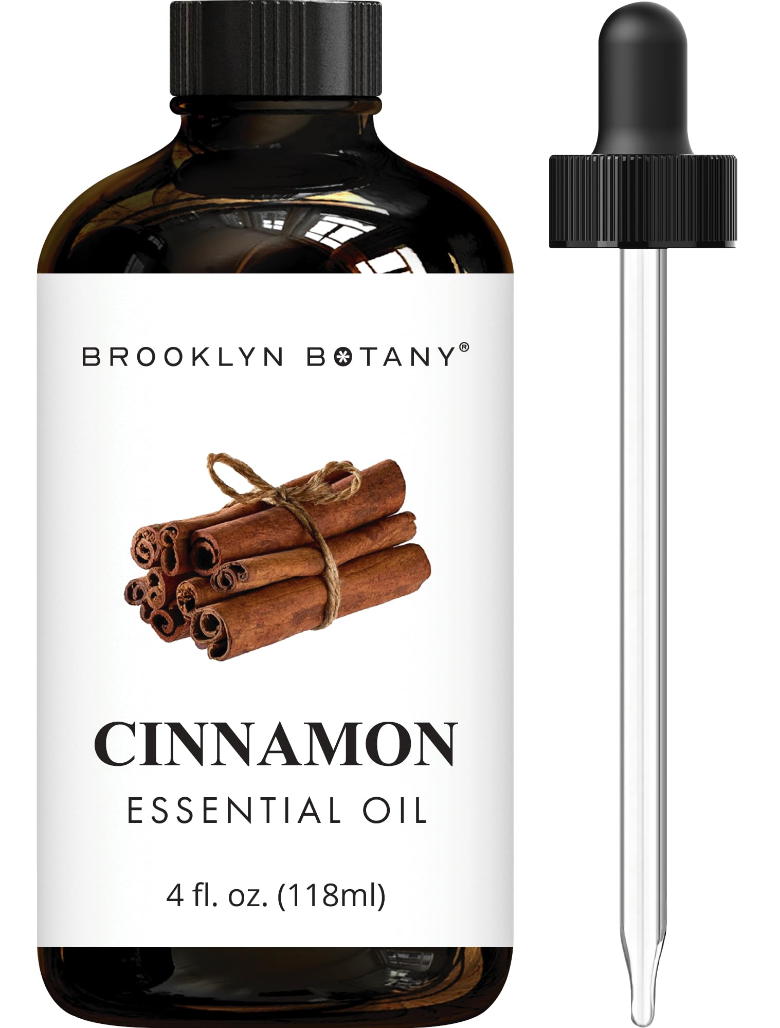 Brooklyn Botany Cinnamon Essential Oil in amber bottle highlighting purity and potency for diffusers.