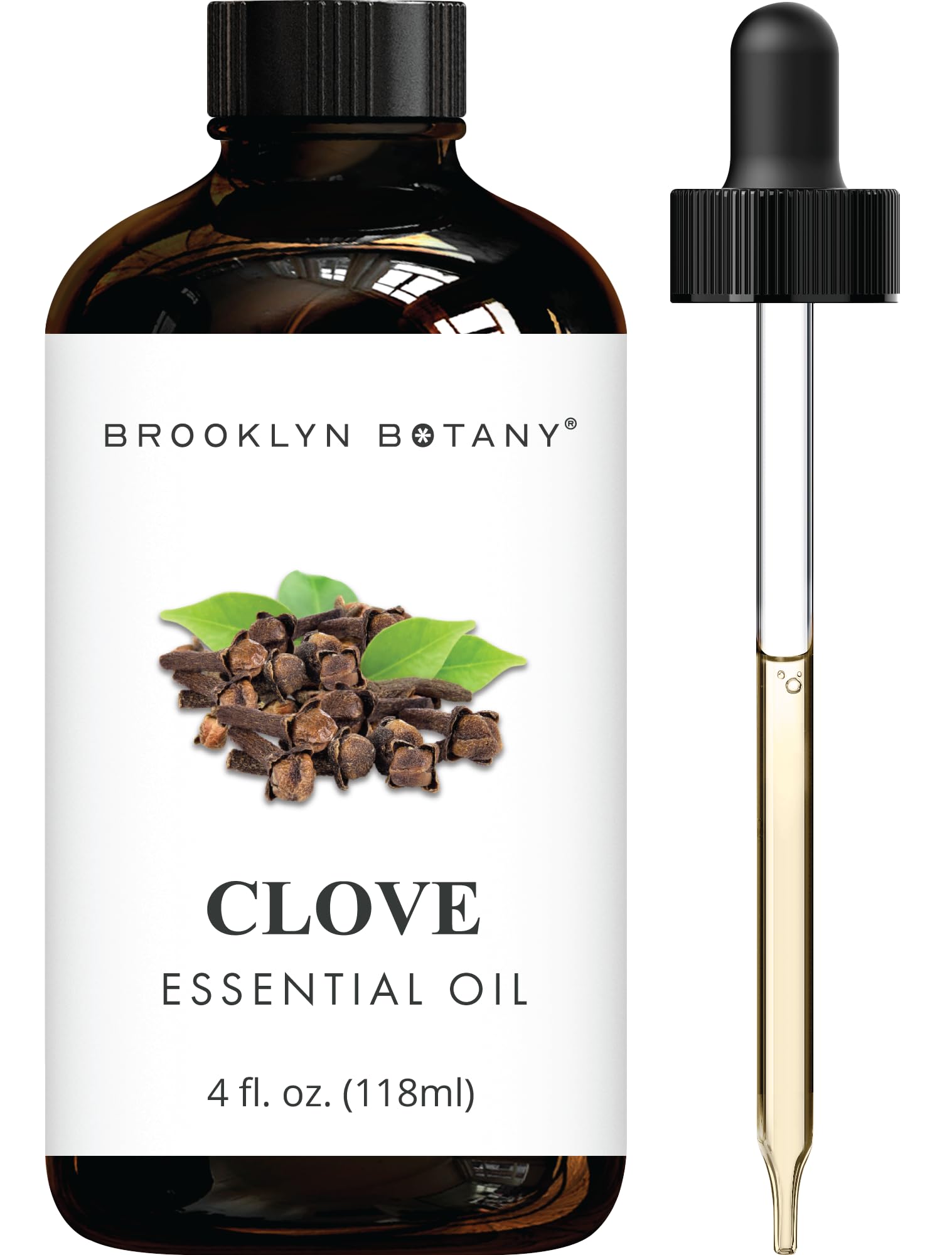 Brooklyn Botany clove oil bottle highlighting purity and potency for aromatherapy.