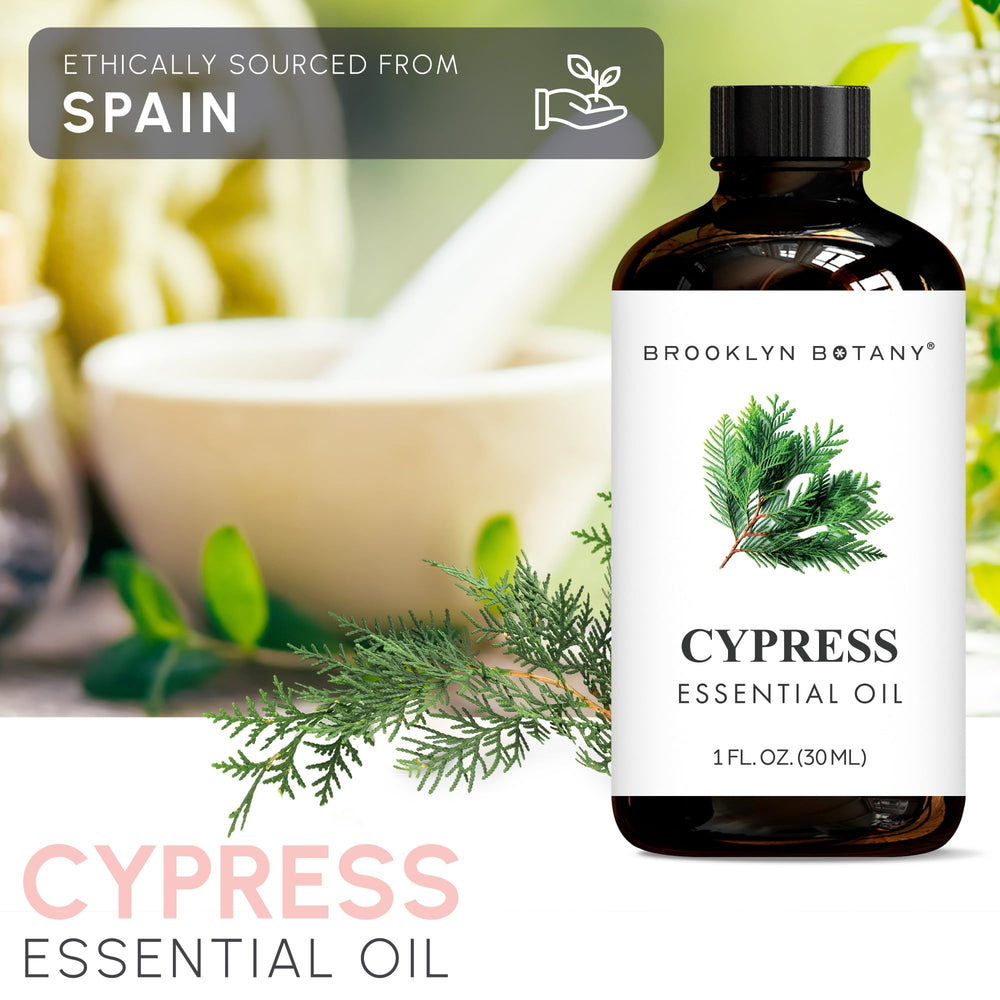 Amber glass bottle protects Cypress oil from UV rays.
