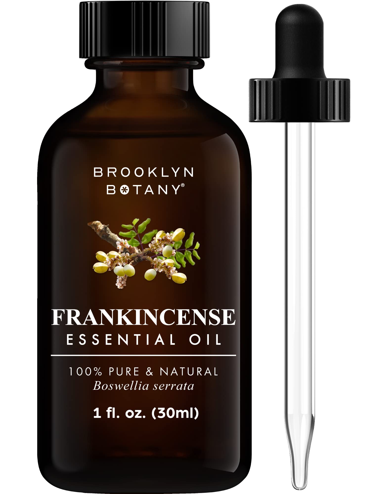 Brooklyn Botany Frankincense essential oil bottle with dropper for precise dosing.
