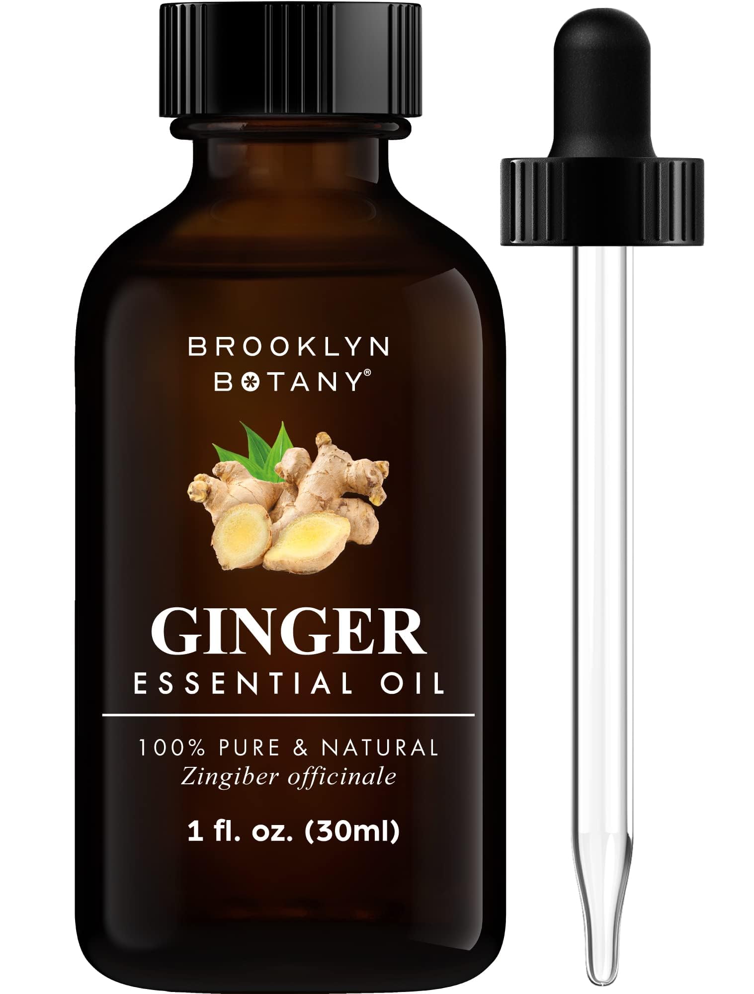 Brooklyn Botany Ginger Essential Oil in amber bottle for pure aroma and diffusion.