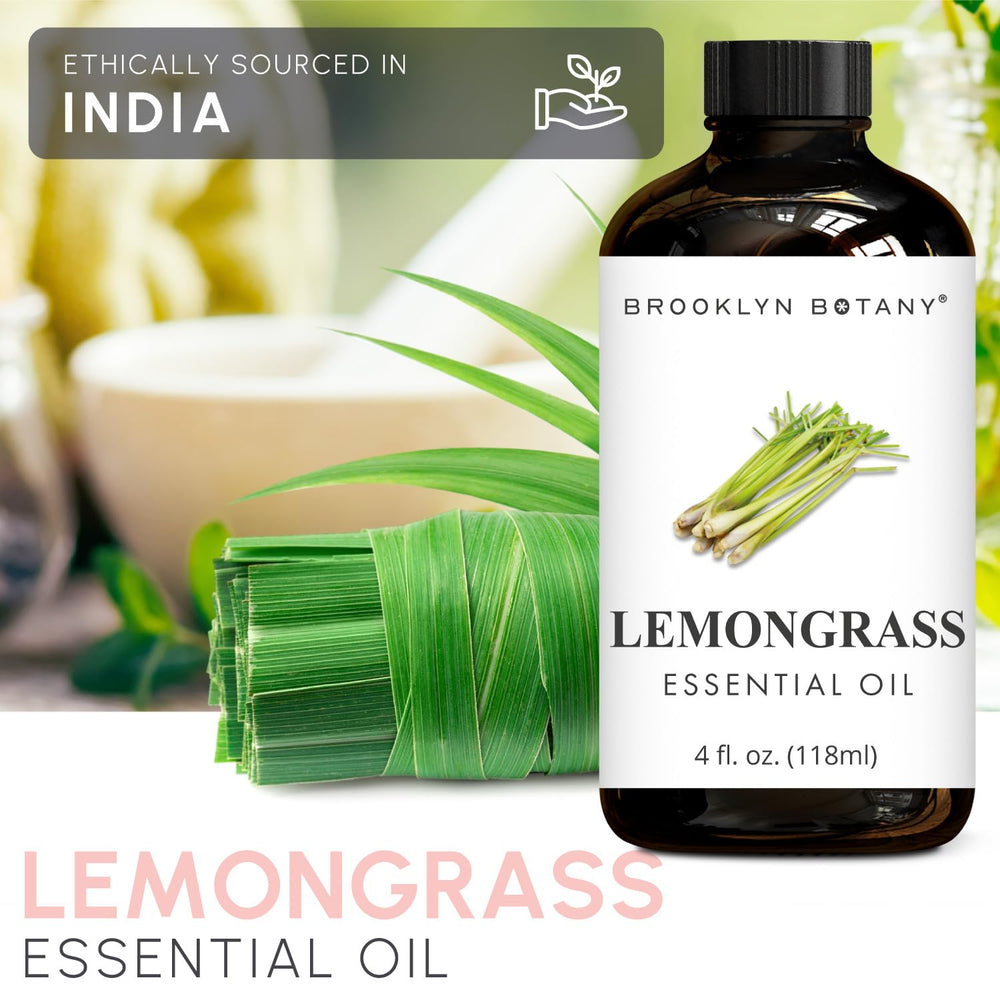 Brooklyn Botany Lemongrass Oil amber bottle highlights UV protection for longevity.