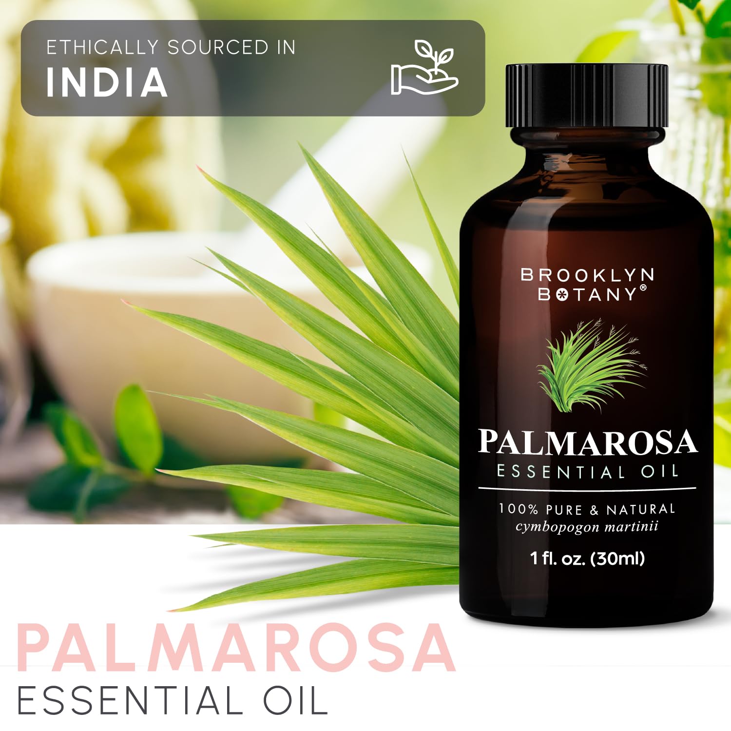 Brooklyn Botany Palmarosa USA-bottled packaging highlights domestic bottling.