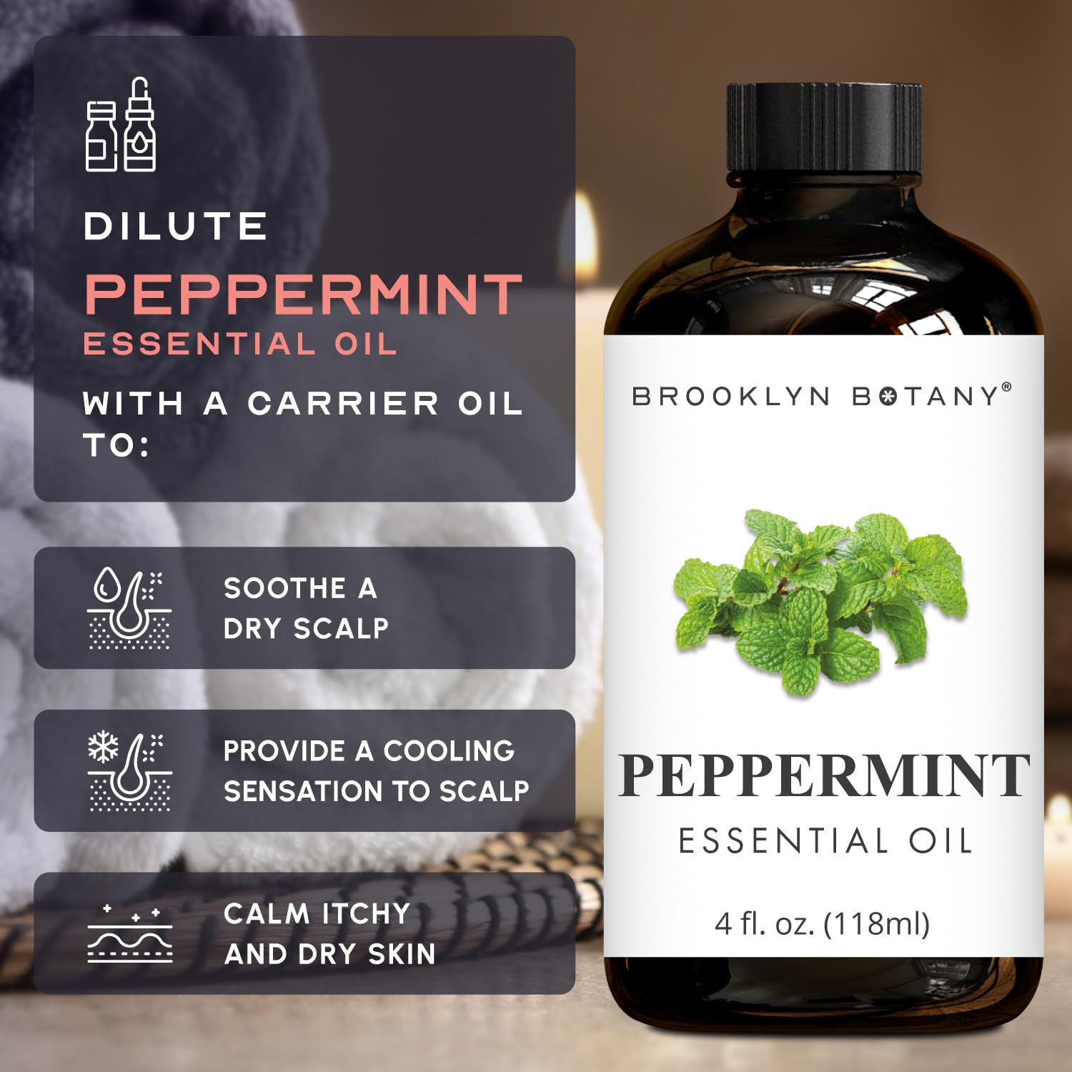 Brooklyn Botany Peppermint Oil blends well with Bergamot, Lemon, and Cedarwood aromas.