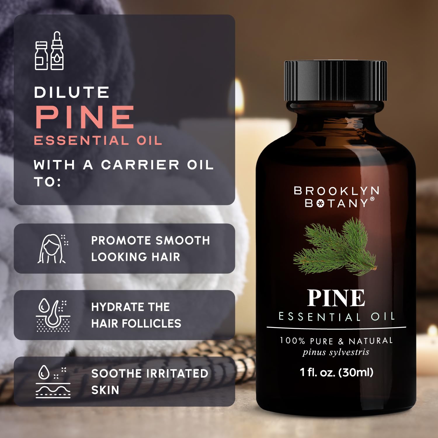 Brooklyn Botany Pine Oil packaging and USA bottling details.