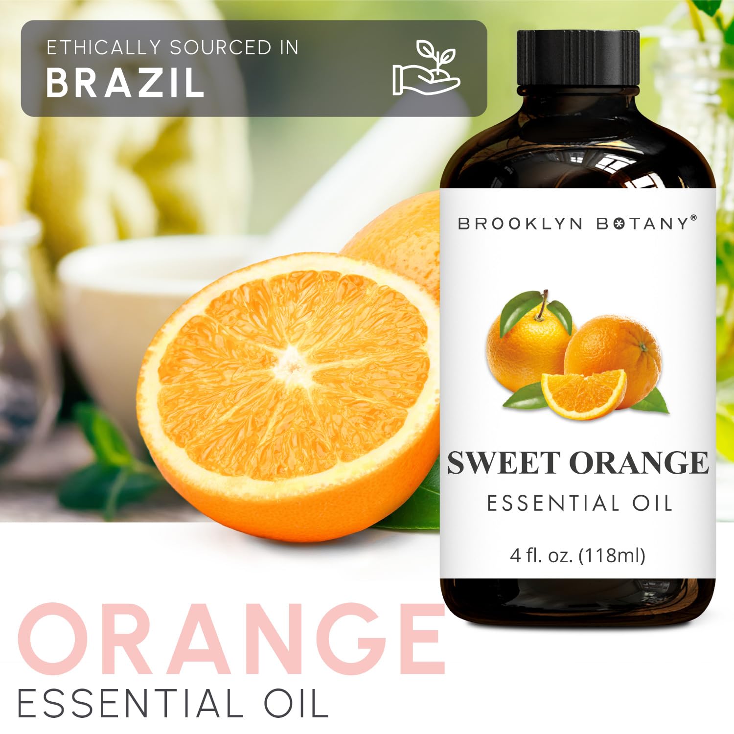 Brooklyn Botany Orange Essential Oil; premium grade for aromatherapy and diffuser ambience.
