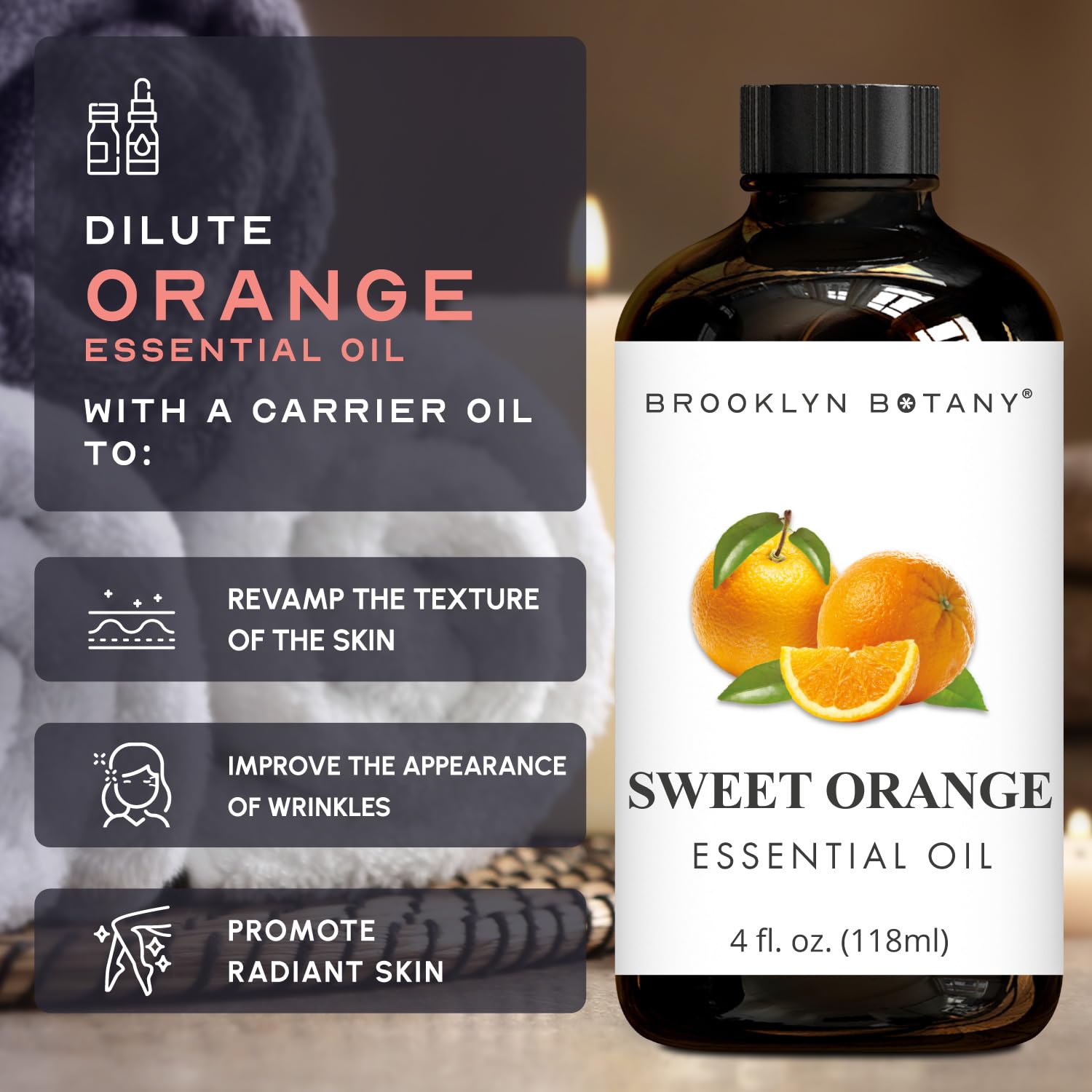 Brooklyn Botany Sweet Orange Bottle; UV-protected amber glass preserves freshness.
