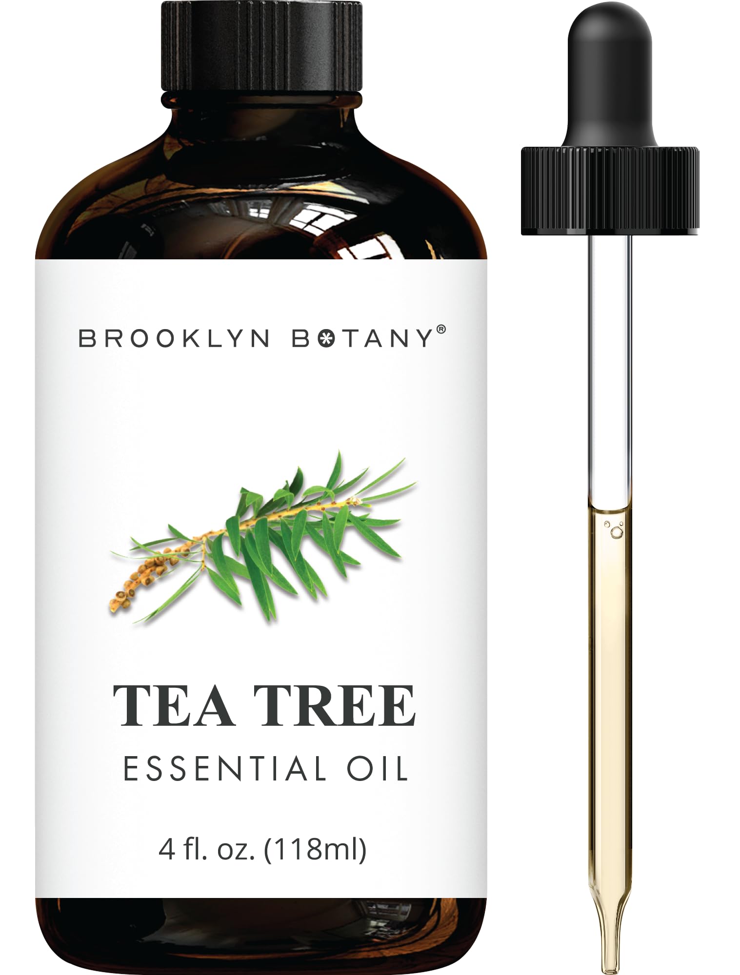 Brooklyn Botany Tea Tree Oil bottle with dropper for precise aromatherapy dosing.