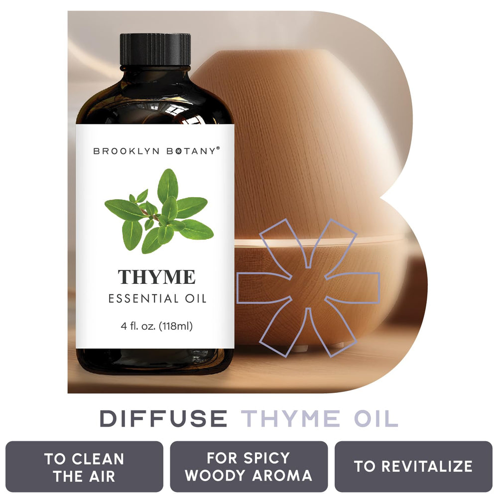 Brooklyn Botany Thyme oil packaging shows amber glass closeup.